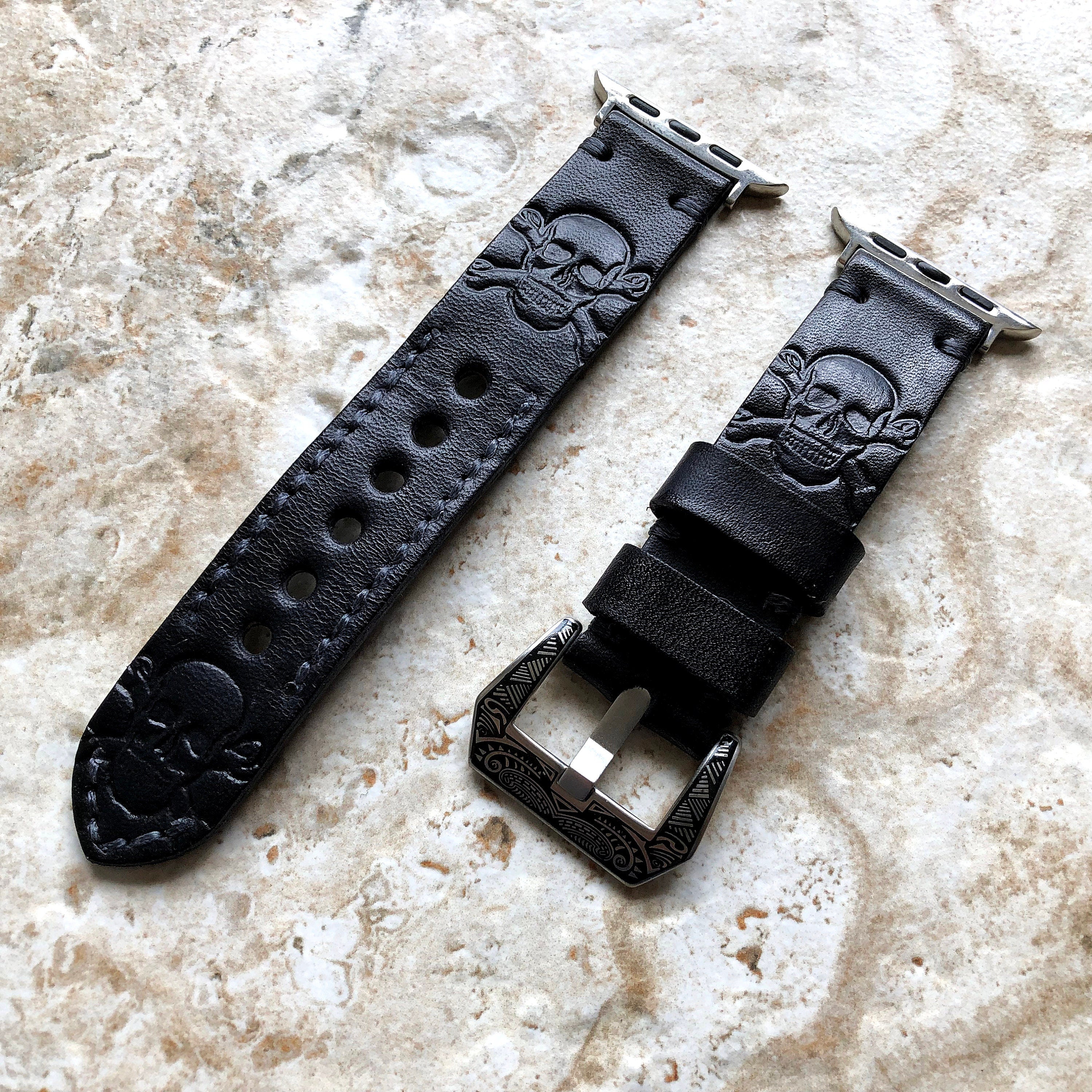 Apple Watch Skull X Bones Band Tooled Embossed Handmade Black Genuine Leather Strap for iWatch Ultra 2 49mm and 9 8 Series 41mm 45mm Case